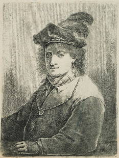 J. NOTHNAGEL (*1729), Young man with feathered hat, around 1771, Etching: Johann Andreas Benjamin Nothnagel (1729 Book on the forest - 1804 Frankfurt on the Main): Young man with feathers on his beret, c. 1771, Etching Technique: Etching on Paper Inscription: General inform