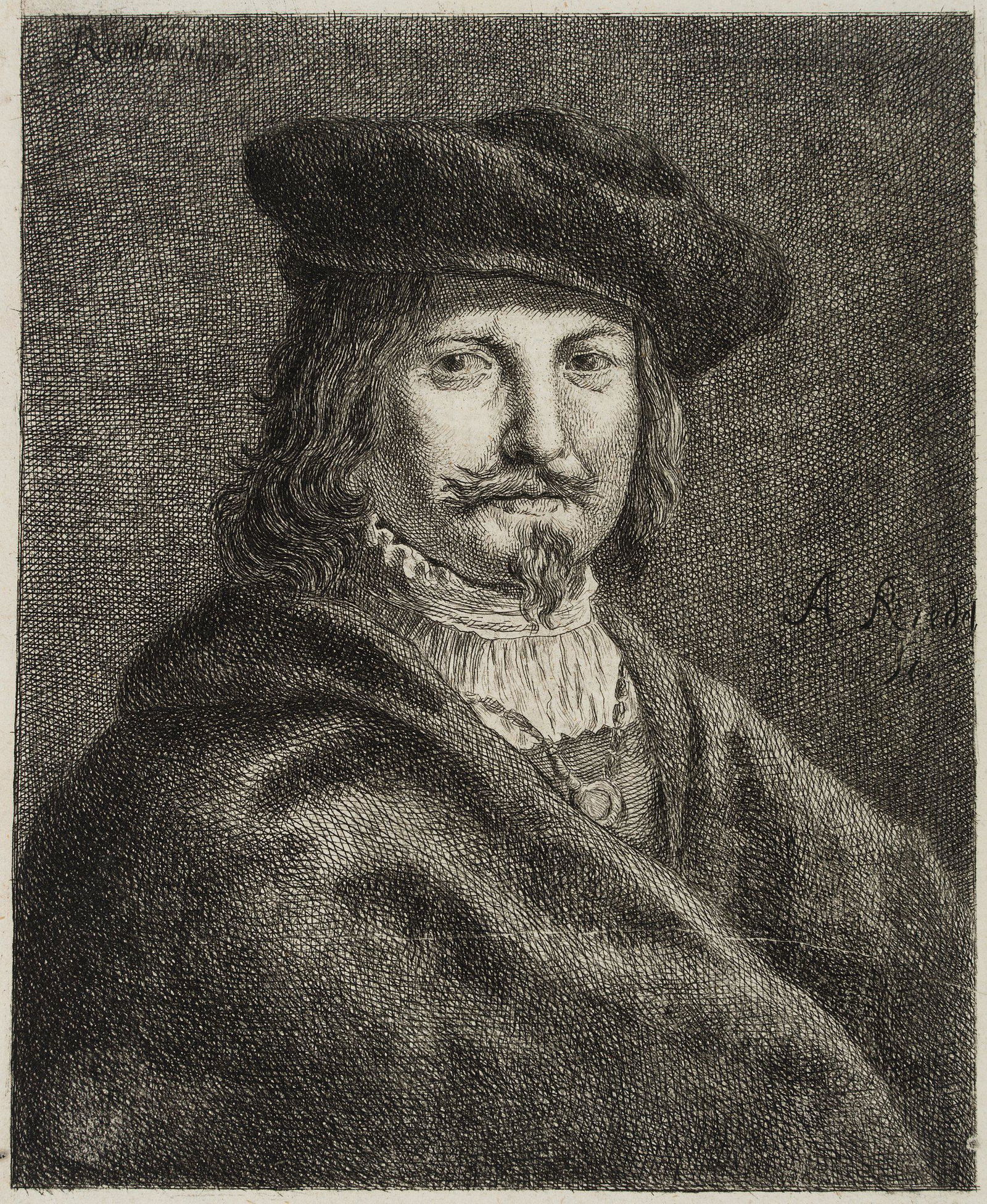 J. RIEDEL (*1736) after REMBRANDT (*1606), Nobleman with beret, around 1755, Etching: Johann Anton Riedel (1736 Falkenau - 1816 Dresden) after Rembrandt: Rembrandt Harmenszoon van Rijn (1606 Leiden - 1669 Amsterdam): Portrait of a Nobleman with Beret, c. 1755, Etching Technique: Etchin
