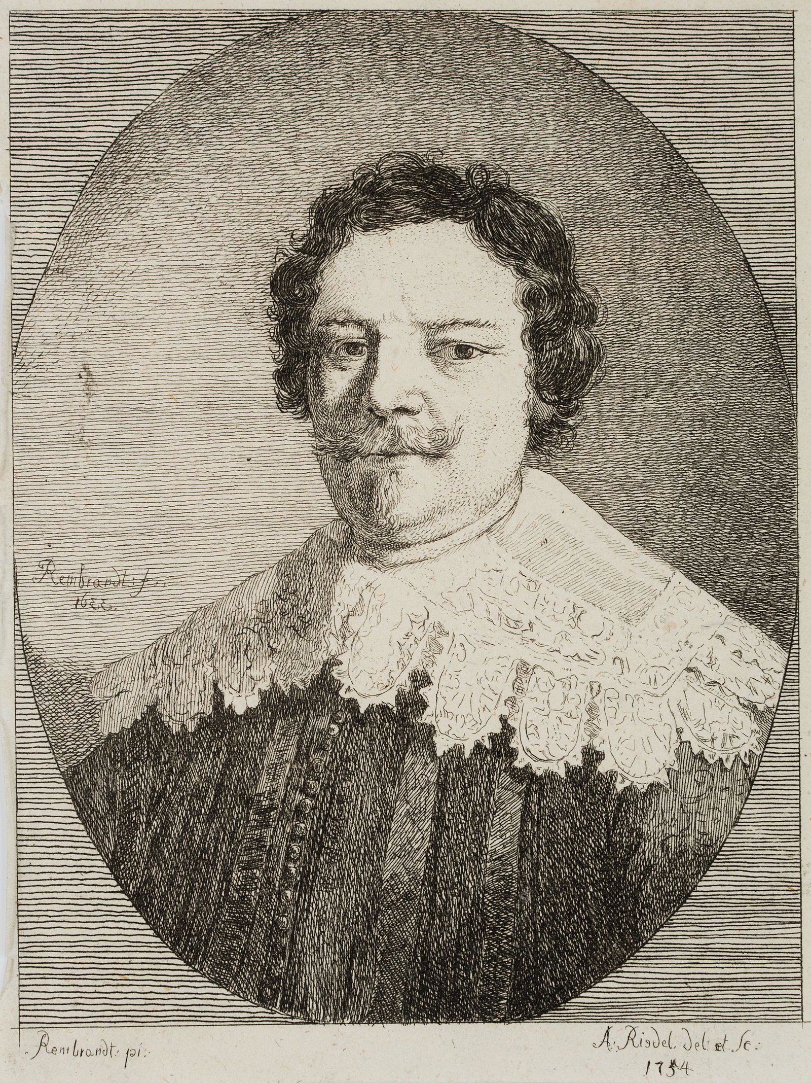 J. RIEDEL (*1736) after REMBRANDT (*1606), Portrait of Willem Burchgraeff, 1754, Etching: Johann Anton Riedel (1736 Falkenau - 1816 Dresden) after Rembrandt: Rembrandt Harmenszoon van Rijn (1606 Leiden - 1669 Amsterdam): Portrait of Willem Burchgraeff with lace collar, 1754, Etching Techni