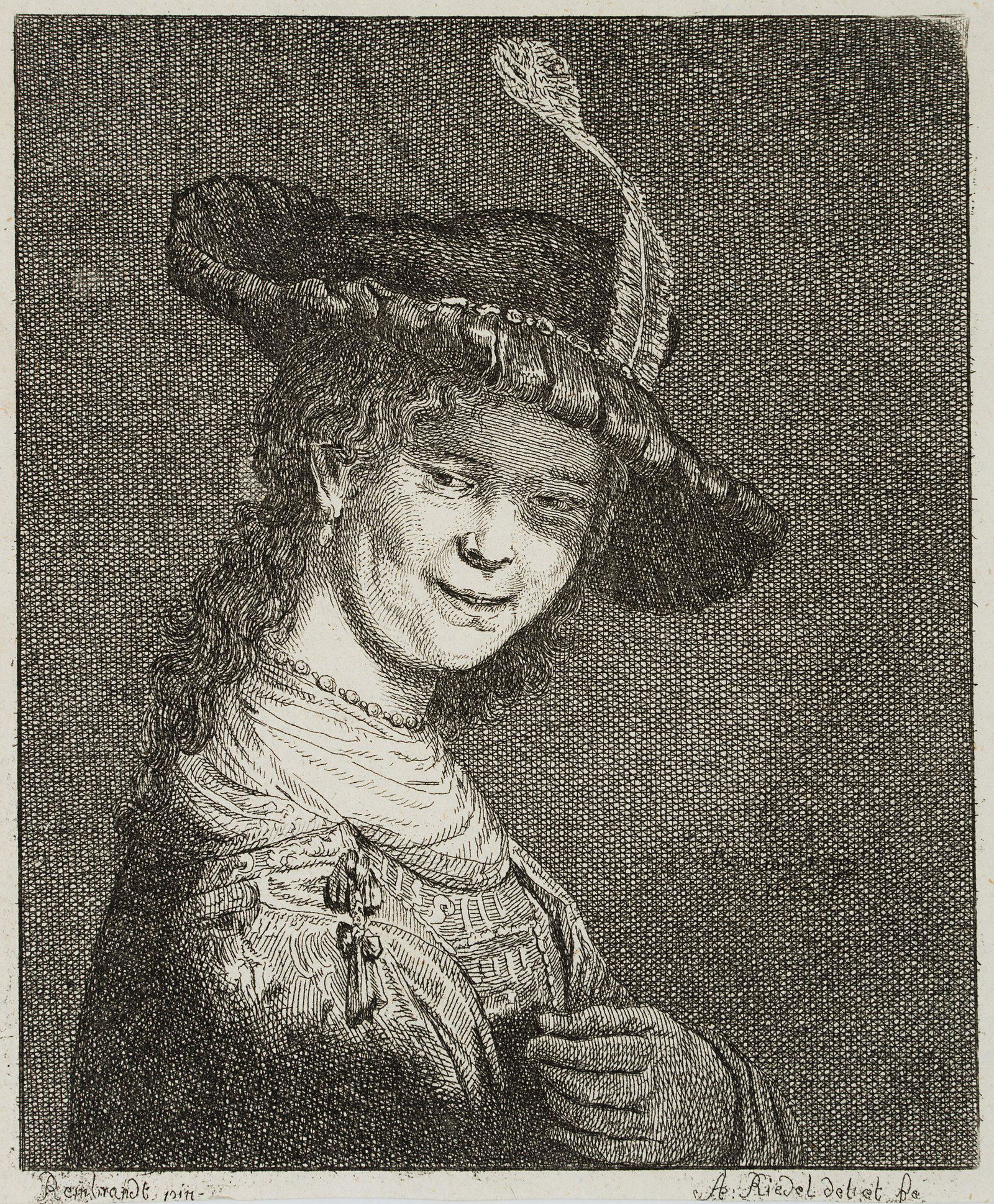 J. RIEDEL (*1736) after REMBRANDT (*1606), Saskia Uylenburgh, Rembrandt's Wife, 1755, Etching: Johann Anton Riedel (1736 Falkenau - 1816 Dresden) after Rembrandt: Rembrandt Harmenszoon van Rijn (1606 Leiden - 1669 Amsterdam): Portrait of Saskia Uylenburgh (1612-1642), wife of the artist Rembran