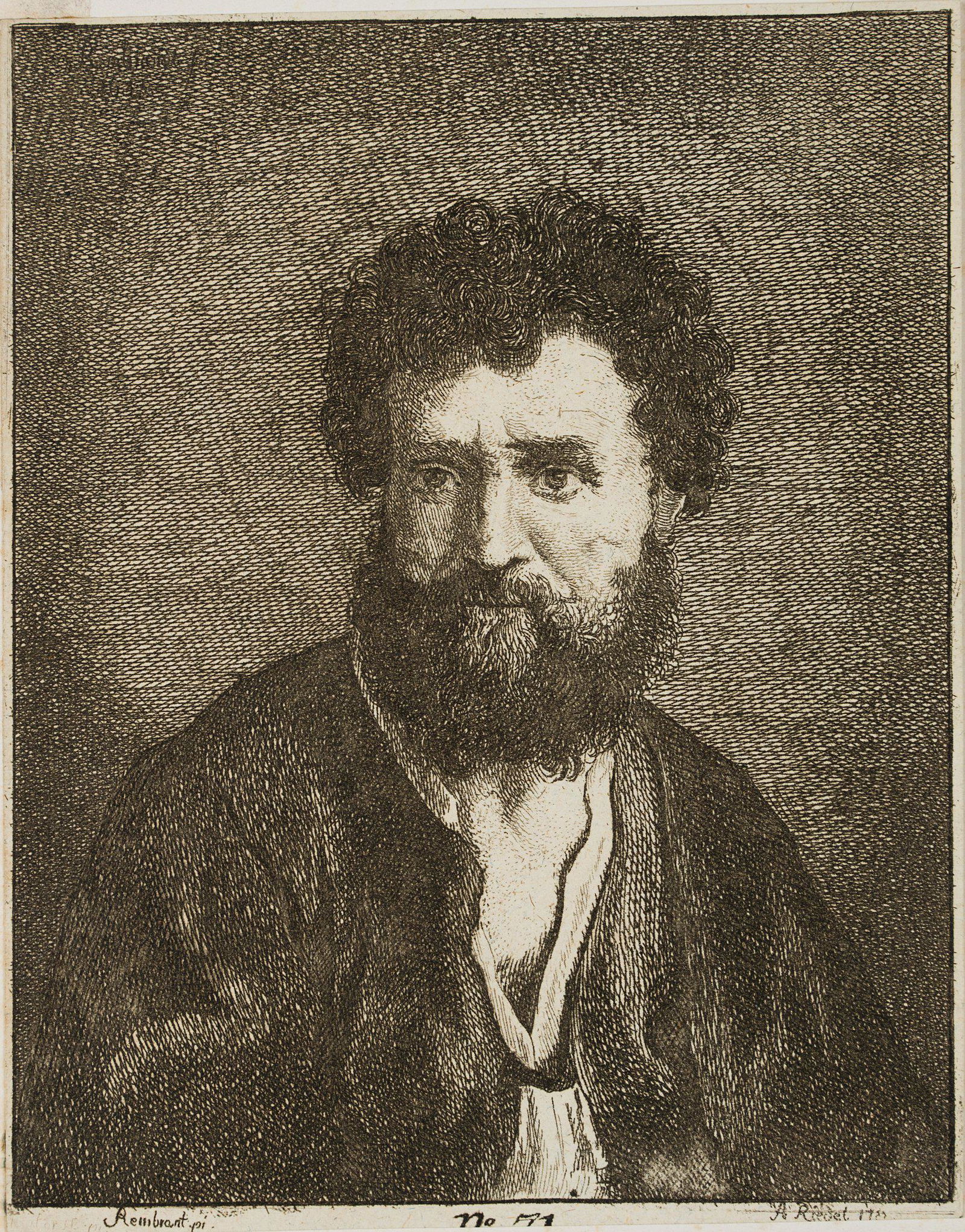 J. RIEDEL (*1736) after REMBRANDT (*1606), Portrait of a curly man, 1755, Etching: Johann Anton Riedel (1736 Falkenau - 1816 Dresden) after Rembrandt: Rembrandt Harmenszoon van Rijn (1606 Leiden - 1669 Amsterdam): Portrait of a curly man with a beard, 1755, Etching Technique: Etchin