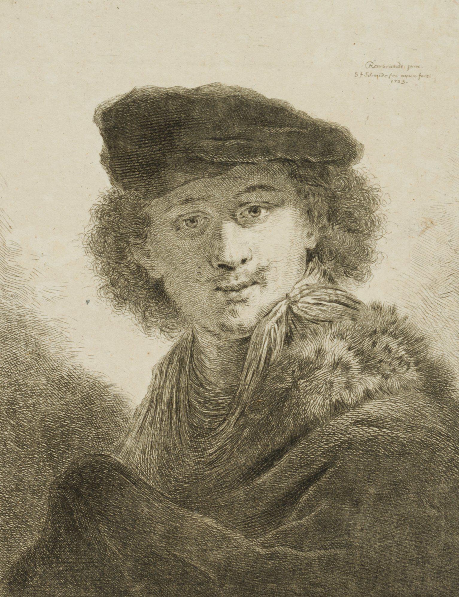G. SCHMIDT (*1712) after REMBRANDT (*1606), Self Portrait with Velvet Barret, 1753, Etching: Georg Friedrich Schmidt (1712 Schönerlinde - 1775 Berlin) after Rembrandt: Rembrandt Harmenszoon van Rijn (1606 Leiden - 1669 Amsterdam): Self-portrait as a young man with velvet barrette, 1753,