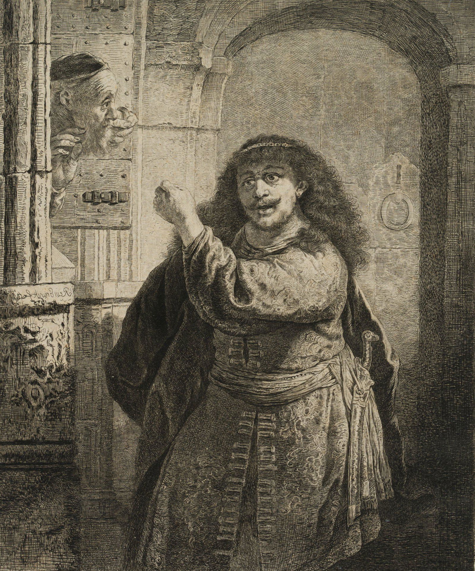 G. SCHMIDT (*1712) after REMBRANDT (*1606), Simson threatens his father-in-law, 1756, Etching: Georg Friedrich Schmidt (1712 Schönerlinde - 1775 Berlin) after Rembrandt: Rembrandt Harmenszoon van Rijn (1606 Leiden - 1669 Amsterdam): Samson threatens his father-in-law, Biblical account, 175