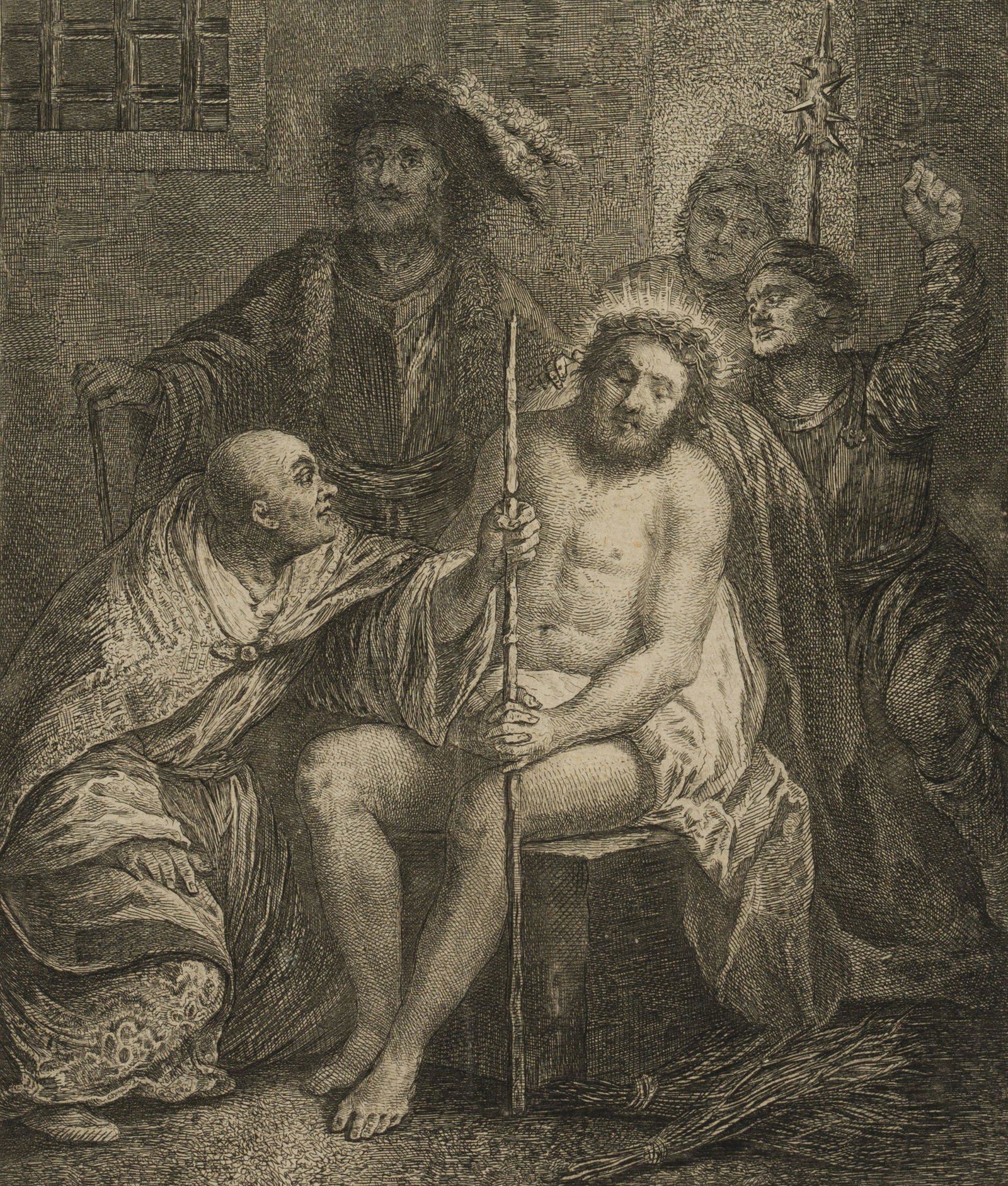 G. SCHMIDT (*1712) after REMBRANDT (*1606), The mockery of Christ, 1756, Etching: Georg Friedrich Schmidt (1712 Schönerlinde - 1775 Berlin) after Rembrandt: Rembrandt Harmenszoon van Rijn (1606 Leiden - 1669 Amsterdam): The mockery of Christ in Herod's palace, 1756, Etching Te