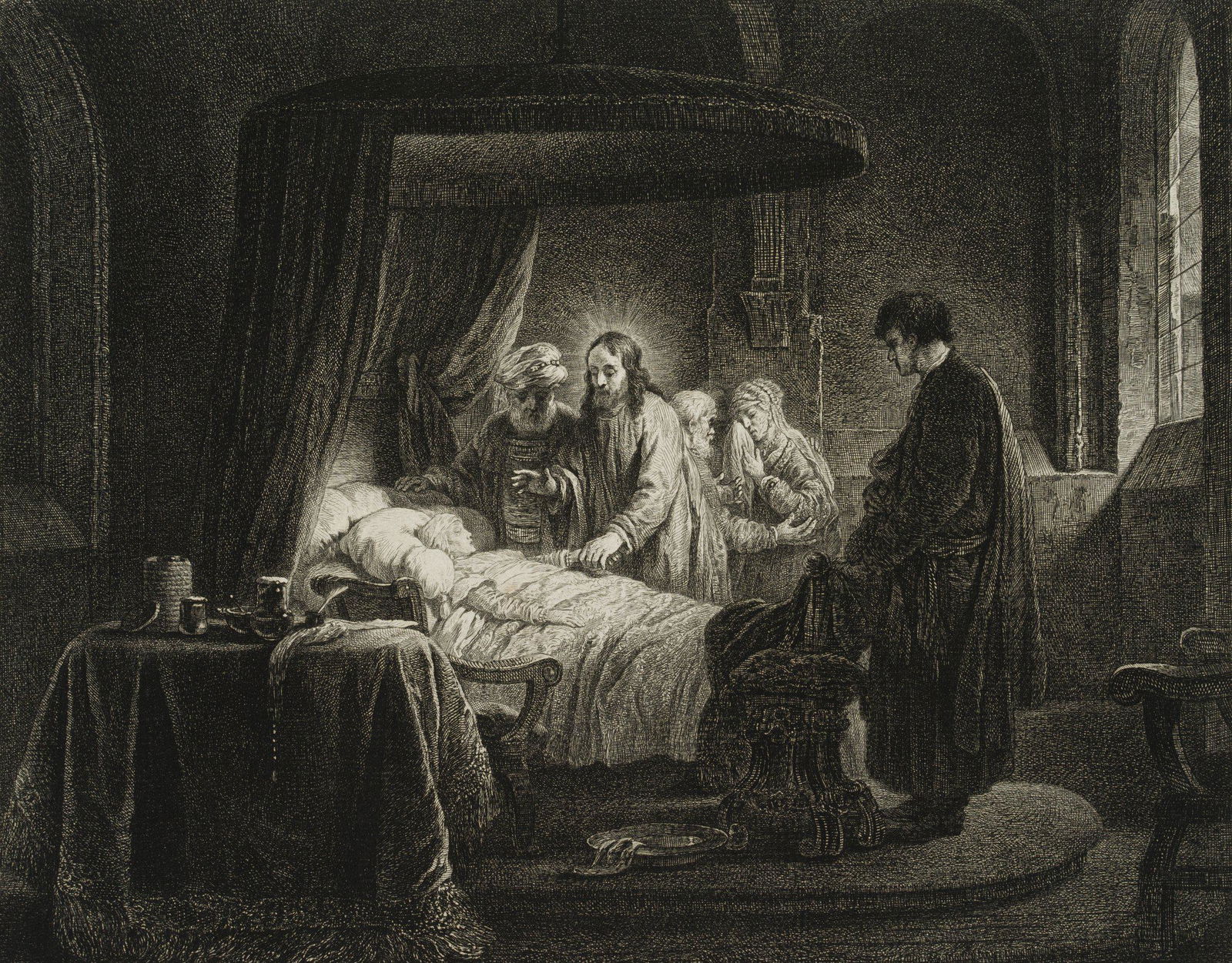 G. SCHMIDT (*1712) after REMBRANDT (*1606), Revival of the daughter of Jairus, 1767, Etching: Georg Friedrich Schmidt (1712 Schönerlinde - 1775 Berlin) after Rembrandt: Rembrandt Harmenszoon van Rijn (1606 Leiden - 1669 Amsterdam): The raising of Jairus' daughter by Jesus, 1767, Etching T