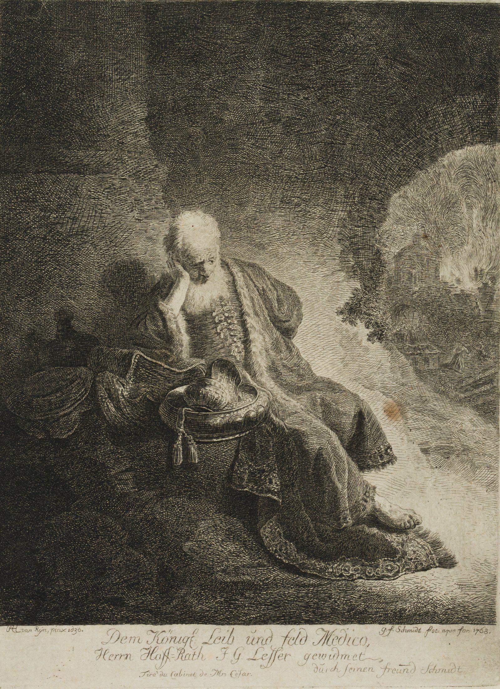 G. SCHMIDT (*1712) after REMBRANDT (*1606), Lot in the cave, 1768, Etching: Georg Friedrich Schmidt (1712 Schönerlinde - 1775 Berlin) after Rembrandt: Rembrandt Harmenszoon van Rijn (1606 Leiden - 1669 Amsterdam): Lot in the cave before burning Sodom, 1768, Etching Techn