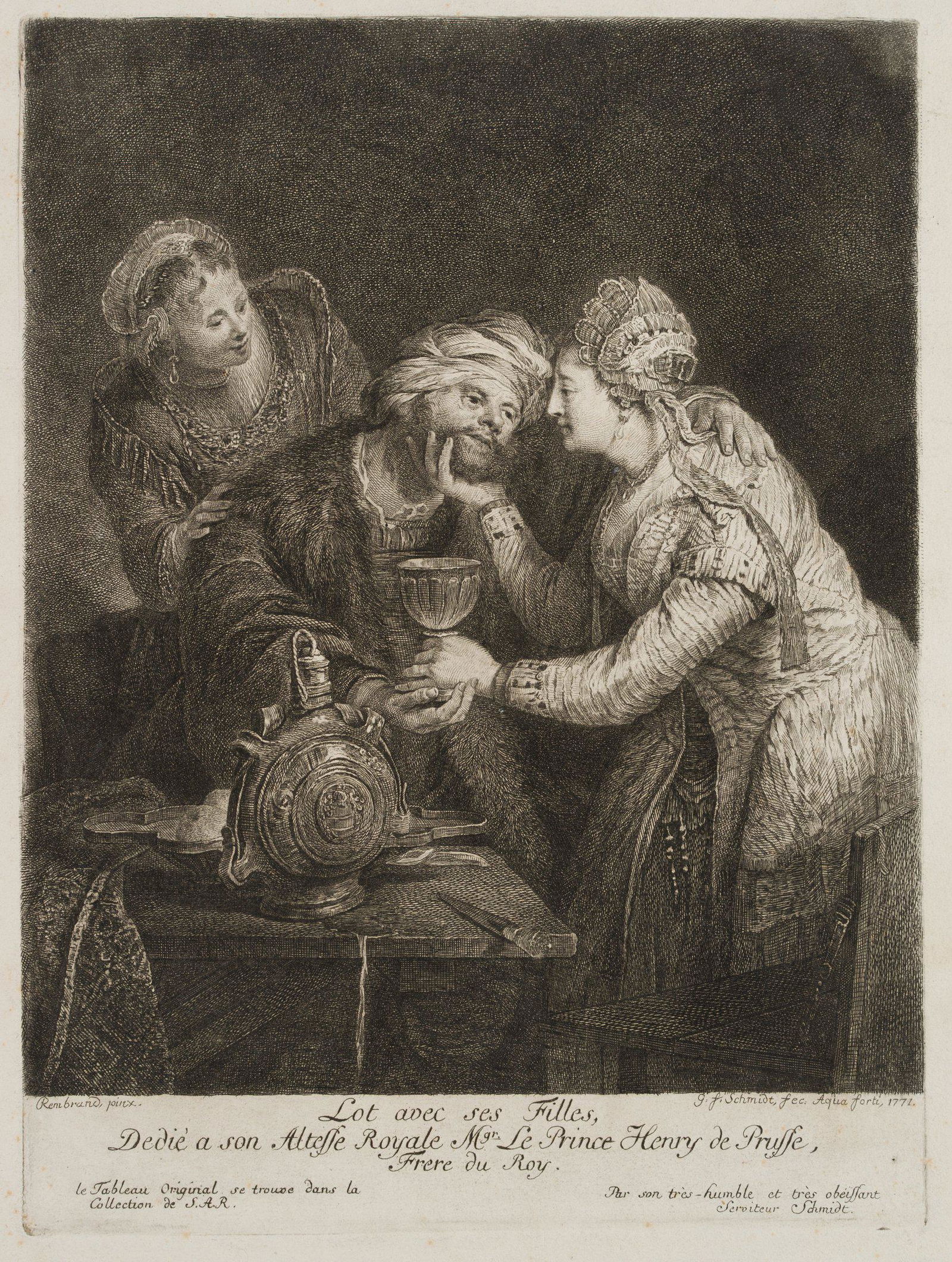 G. SCHMIDT (*1712) after REMBRANDT (*1606), Lot with his daughters, 1771, Etching: Georg Friedrich Schmidt (1712 Schönerlinde - 1775 Berlin) after Rembrandt: Rembrandt Harmenszoon van Rijn (1606 Leiden - 1669 Amsterdam): Lot is seduced by his daughters, 1771, Etching Technique: