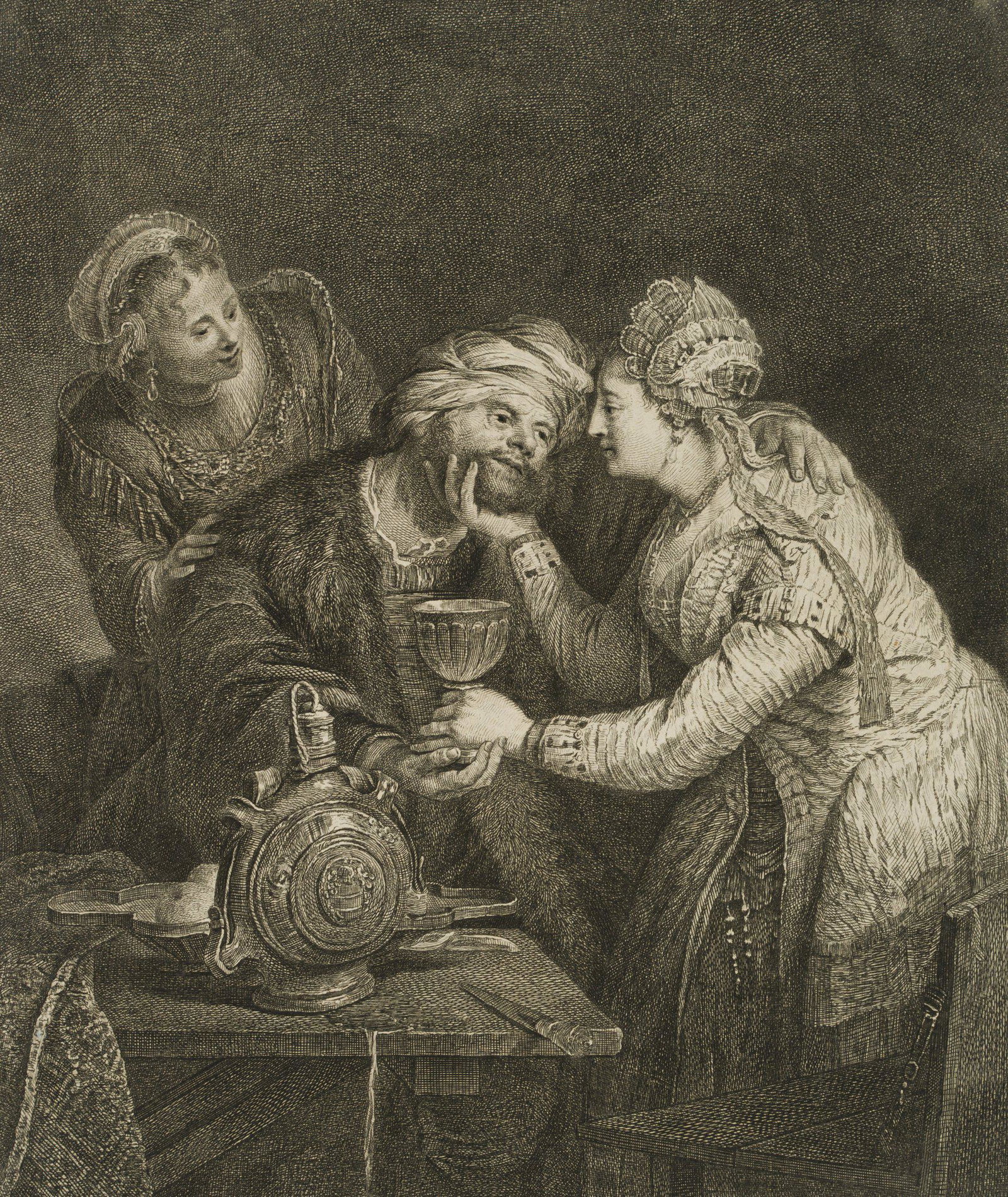 G. SCHMIDT (*1712) after REMBRANDT (*1606), Lot with his daughters, 1771, Etching: Georg Friedrich Schmidt (1712 Schönerlinde - 1775 Berlin) after Rembrandt: Rembrandt Harmenszoon van Rijn (1606 Leiden - 1669 Amsterdam): Lot is seduced by his daughters, 1771, Etching Technique: