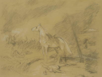 F. LOSSOW (1837-1872), Horse with fallen rider, Charcoal: Friedrich Lossow (1837 Munich - 1872 ibid.): Study of a battle, horse with fallen rider, 19th century, Charcoal Technique: White heightened Charcoal on Paper, mounted on Paper Date: 19th century Descr