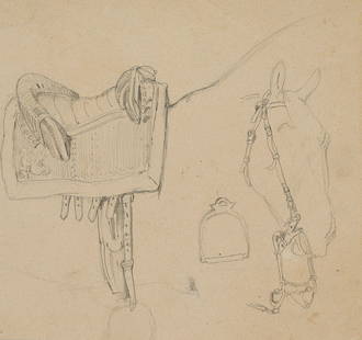 F. LOSSOW (1837-1872), Study of a saddle, Pencil: Friedrich Lossow (1837 Munich - 1872 ibid.): Study of a saddle and bridle, 19th century, PencilTechnique: Pencil on PaperDate: 19th centuryDescription: Study sheet with drawing of an elegant riding