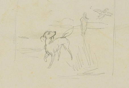 F. LOSSOW (1837-1872), Hunting dog with two birds, Pencil: Friedrich Lossow (1837 Munich - 1872 ibid.): Study, Hunting dog with two birds, 19th century, Pencil Technique: Pencil on Paper, mounted on Paper Date: 19th century Description: Beautiful animal study