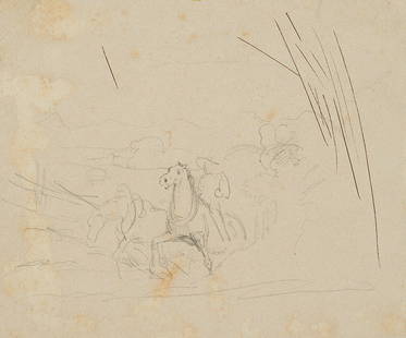 F. LOSSOW (1837-1872), Riders with draft horses, Pencil: Friedrich Lossow (1837 Munich - 1872 ibid.): Study, riders with draught horses, line riders or plough horses, 19th century, PencilTechnique: Pencil and Indian ink on Paper, mounted on PaperDate: