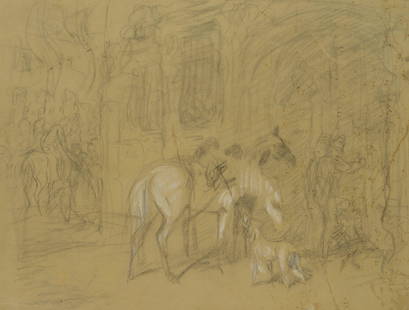 F. LOSSOW (1837-1872), Waiting horses in front of the town house, Charcoal: Friedrich Lossow (1837 Munich - 1872 ibid.): Study, Waiting horses with dog in front of town house, 19th century, CharcoalTechnique: White heightened Charcoal on Paper (brown)Date: 19th