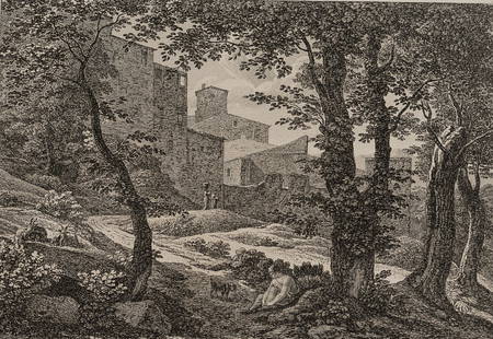 J. REINHART (1761-1847), Sitting Shepherd in Ital Landscape, 1811, Etching: Johann Christian Reinhart (1761 Hof/Bavaria - 1847 Rom): Shepherd, putting on his shoe Roman view with bucolic staffage, 1811, Etching Technique: Etching on Paper Inscription: lower left signed in the