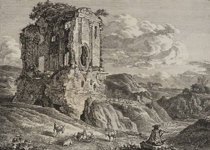 J. REINHART (1761-1847), Ancient Sepulchre in Via Nomentana, around 1800, Etching: Johann Christian Reinhart (1761 Hof/Bavaria - 1847 Rom): View of the Sepolcro Antico ruins in Via Nomentana Roman tomb, c. 1800, Etching Technique: Etching on Paper Date: c. 1800 Description: On the m