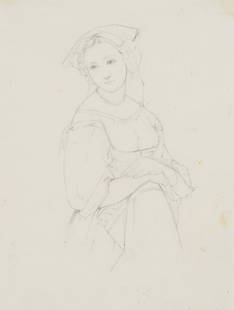 T. WELLER (1802-1880), Young Italian, Pencil: Theodor Leopold Weller (1802 Mannheim - 1880 ibid.): Young Italian woman in typical costume, 19th century, Pencil Technique: Pencil on Paper Date: 19th century Description: Portrait of a young Italian