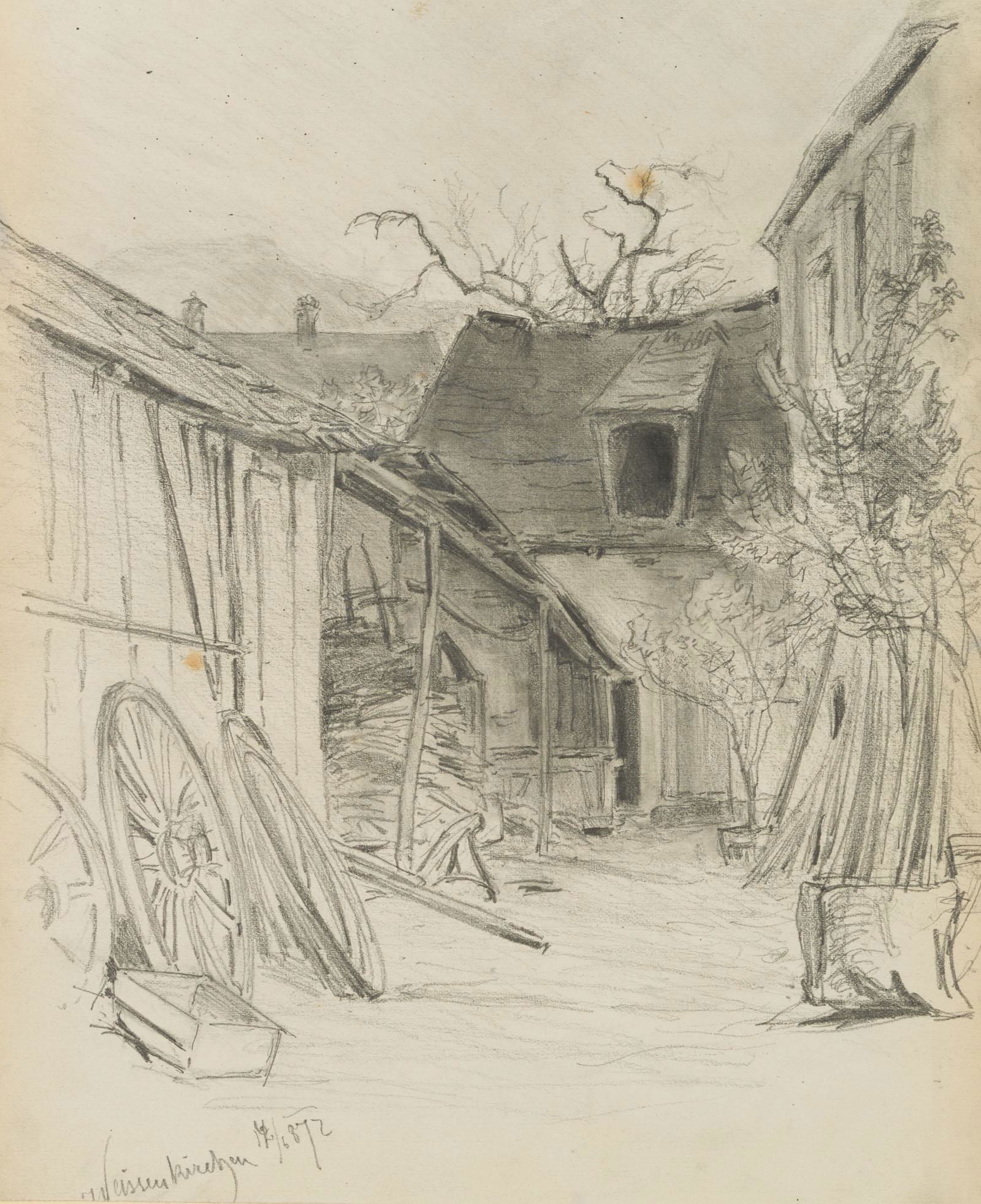 A. DITSCHEINER (*1846), Weissenkirchen in the Wachau, 1872, Pencil: Adolf Gustav Ditscheiner (born 1846 ): View of Weissenkirchen in der Wachau, 1872, Pencil Technique: Pencil on Paper Stamp: Collector's stamp, Lugt no.: 1372. Heinrich Schwarz (geb.1894). Vienna. 20th