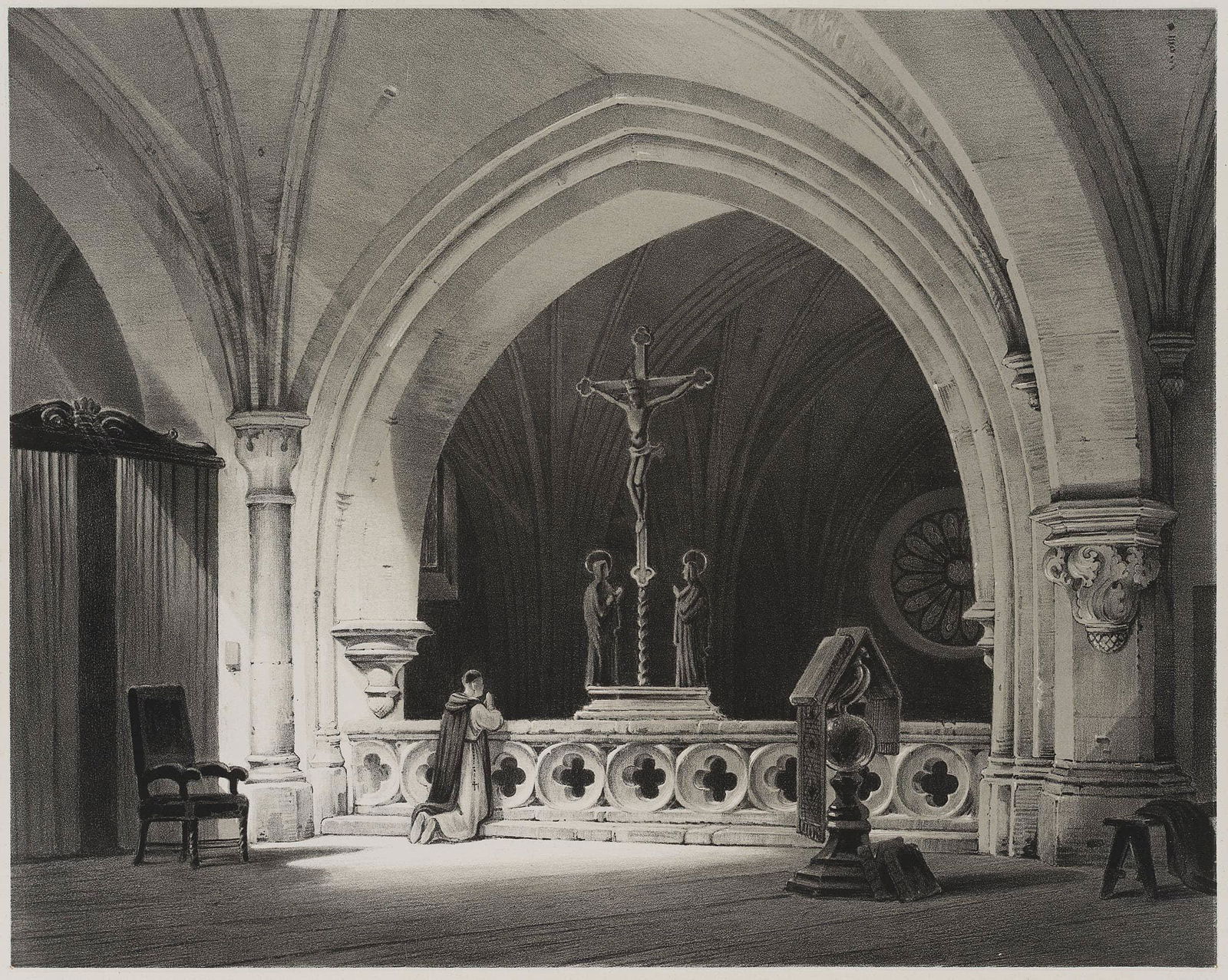 A. DOLL (*1826) after GAIL (*1804), Chor der Kathedrale in Barcelona, around 1850, Lithography: Anton Doll (1826 Munich - 1887 ibid.) after Wilhelm Gail (1804 Munich - 1890 ibid.): Choir of the Cathedral in Barcelona, Praying Monks in front of Crucifixion Group, c. 1850, Lithography Technique: L