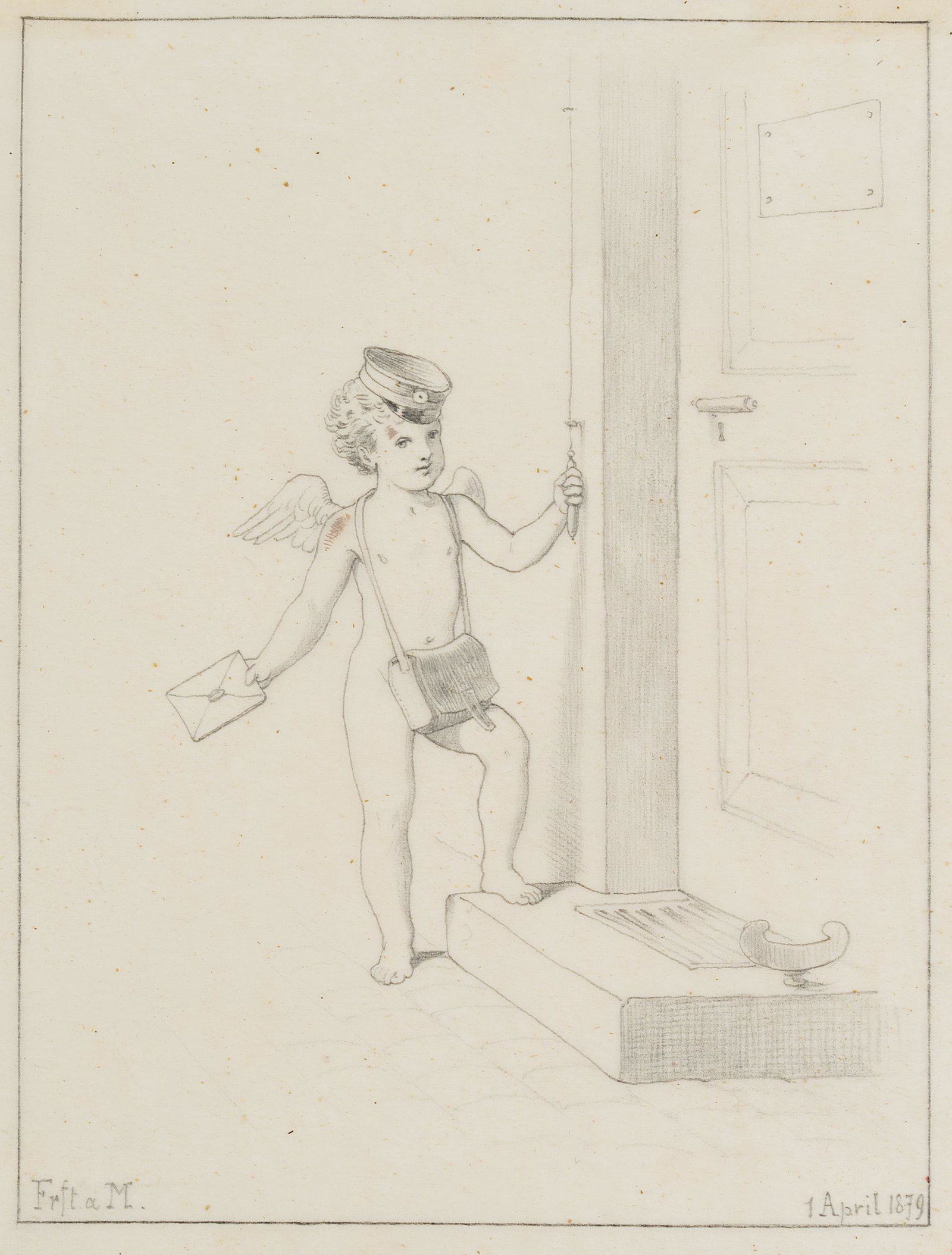 O. HENDSCHEL (*1845) attributed, The messenger of love, 1879, Pencil: Ottmar Hendschel (1845 Frankfurt on the Main - 1923 ) attributed: The messenger of love, 1879, Pencil Technique: Pencil on Transparent paper Inscription: At the lower part dated: "Frft. a. M. / 1. Apr