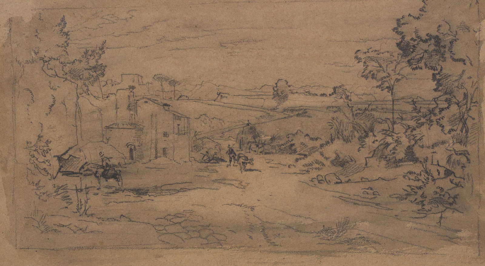 A. HERTEL (1843-1912), Mediterranean landscape with stone huts, around 1880, Pencil: Albert Hertel (1843 Berlin - 1912 ibid.): Mediterranean landscape with road leading to a place and travelling riders on horses, c. 1880, Pencil Technique: Pencil on Paper (brown) Inscription: Verso in