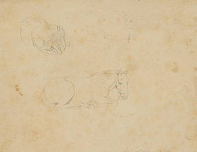 F. LOSSOW (1837-1872), Resting horses, 1856, Pencil: Friedrich Lossow (1837 Munich - 1872 ibid.): Study of two resting or resting horses, 1856, Pencil Technique: Pencil on Paper, mounted on Paper Inscription: lower left dated: "Keferlohe 1856". Date: 1