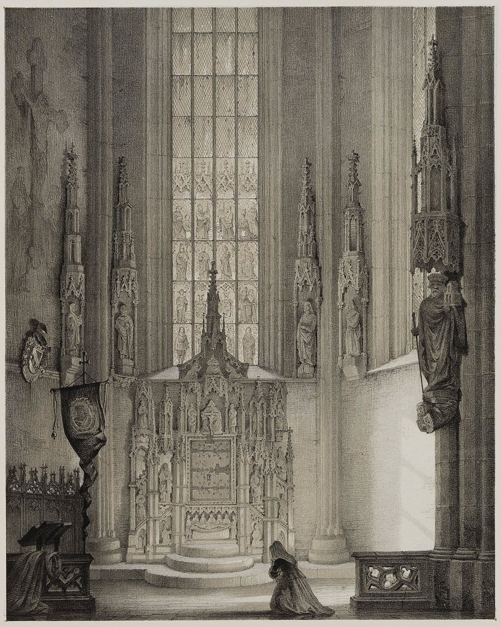 G. SEEBERGER (*1812) after MAYR (*1823), Sebaldus Church in Nuremberg, around 1850, Lithography: Gustav Seeberger (1812 Marktredwitz - 1888 Munich) after Carl Friedrich Mayr (1823 Regensburg - 1884 Munich): From the Sebaldus Church in Nuremberg, Praying Woman at the Altar, c. 1850, Lithography Te