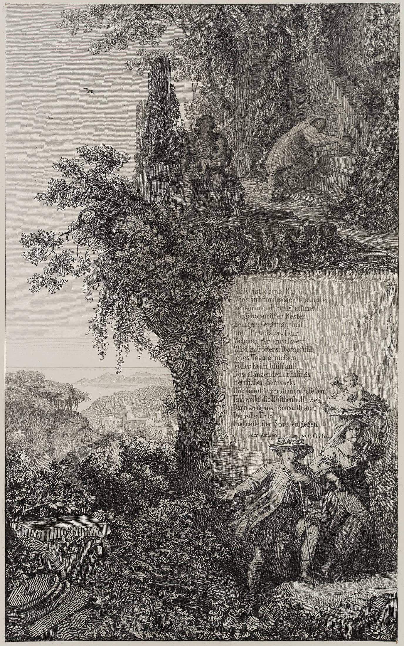 E. NEUREUTHER (*1806), The Wanderer (from Goethe's poems), around 1853, Etching: Eugen Napoleon Neureuther (1806 Munich - 1882 ibid.): The Wanderer (from Goethe's poems), poem with figure illustration, c. 1853, Etching Technique: Etching on China paper, rolled-on on Paper Inscript