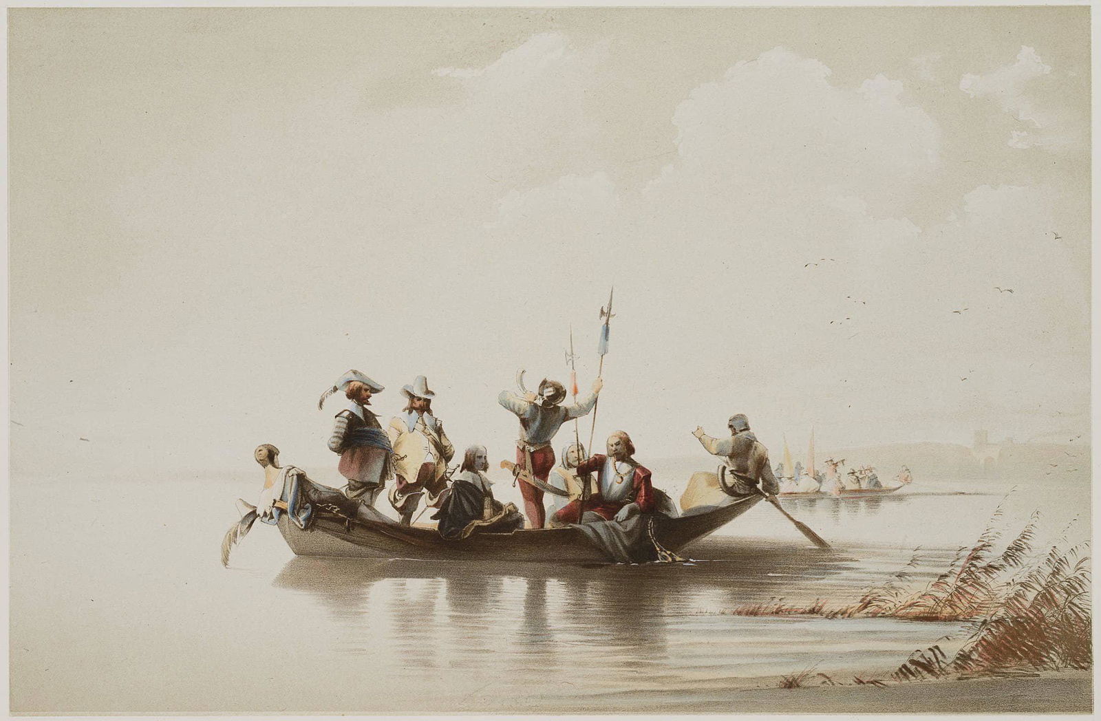 F. SEITZ (*1817) after SCHEUREN (*1810), Geusenfahrt in the morning, around 1850, Colour lithography: Franz von Seitz (1817 Munich - 1883 ibid.) after Caspar Johann Nepomuk Scheuren (1810 Aachen - 1887 Düsseldorf): The Geusenfahrt in the morning, noblemen in the barge, c. 1850, Colour lithography