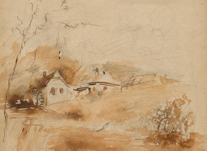 J. CAYRON (1871-1940), Landscape with houses and trees, around 1900, Pencil: Jules Cayron (1871 Paris - 1940 ibid.): Landscape with houses, water mill and trees, c. 1900, Pencil Technique: Washed Pencil on Paper Inscription: signed and indistinctly dated on verso Date: c. 1900