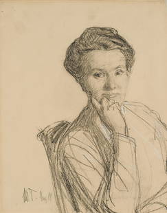 M. THEDY (1858-1924), Portrait of a Lady, 1918, Charcoal: Max Thedy (1858 Munich - 1924 Polling near Weilheim): Sitting with chin resting on hand, 1918, Charcoal Technique: White heightened Charcoal on Paper Inscription: lower left monogrammed: "M. T.". lowe