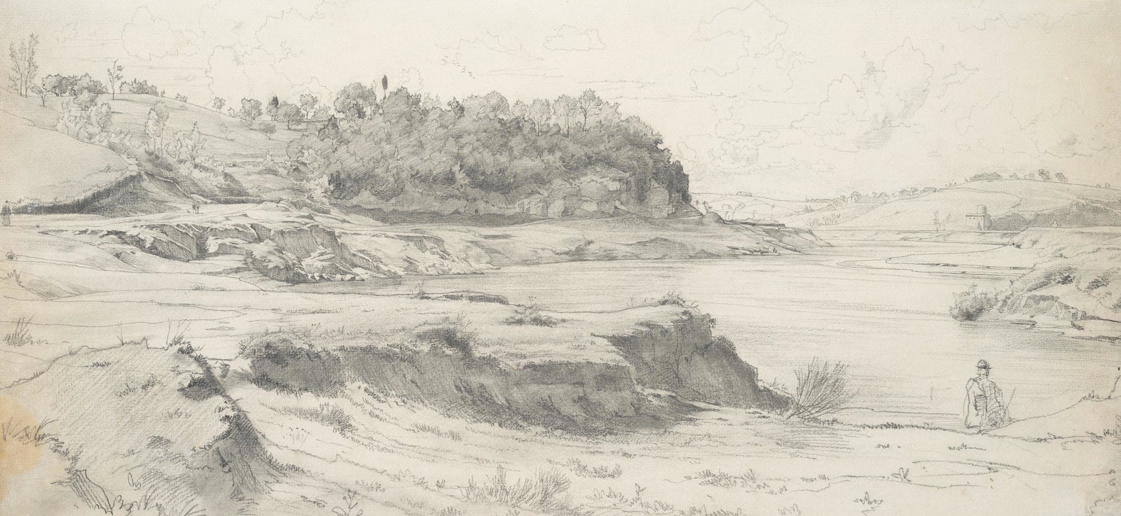 A. HERTEL (1843-1912), Tiber landscape, around 1870, Charcoal: Albert Hertel (1843 Berlin - 1912 ibid.): Panoramic Tiber landscape, c. 1870, Charcoal Technique: Charcoal on Paper Inscription: Verso inscribed: "Albert Hertel". Date: c. 1870 Description: Very beau