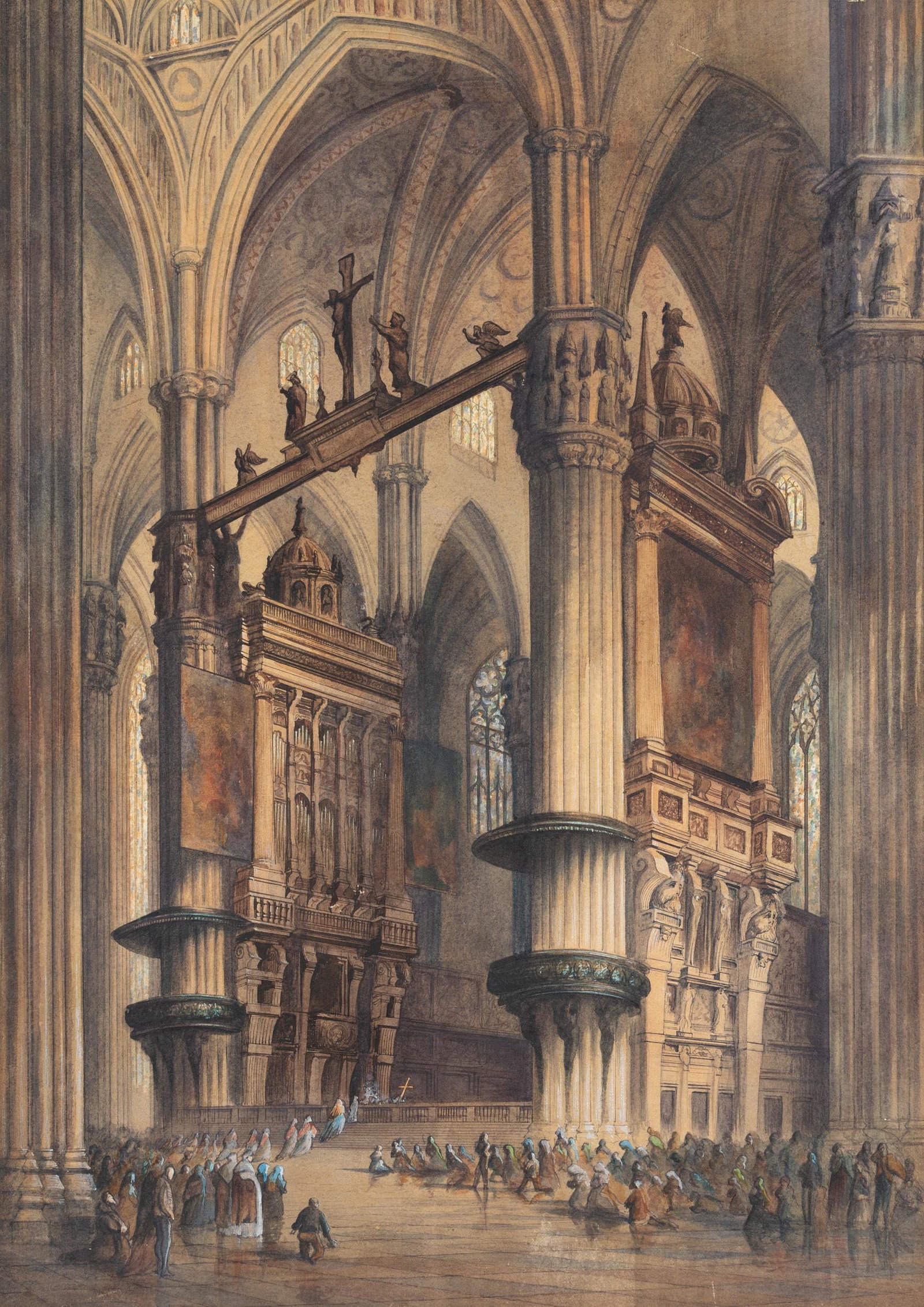 H. SCHÄFER (1873-1915), Interior view of Milan Cathedral, around 1890, Watercolor: Henry Thomas Schäfer (before 1873 - after 1915 ibid.): Interior view of Milan Cathedral with worshippers, c. 1890, Watercolor Technique: Watercolor on Paper Date: c. 1890 Description: Splendid an