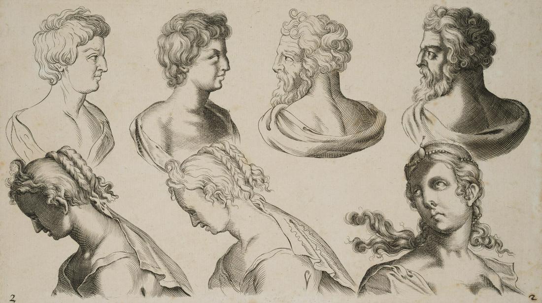 J. BISSCHOP (1628-1671), 7 Breast portraits in profile,: Jan de Bisschop (1628 Amsterdam - 1671 The Hague): Portrait Studies, Seven Breast Portraits in Profile, , Copper engraving Technique: Copper engraving on Paper, mounted on Paper Date: Description: Ja