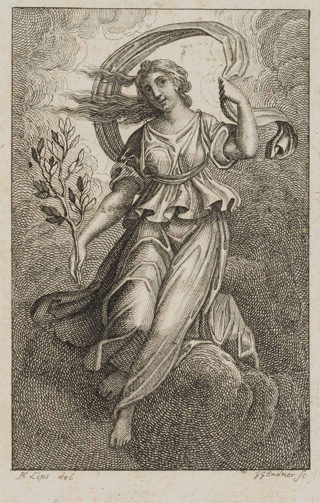 G. ENDNER (*1754) after LIPS (*1758), Book illustration, vignette, allegory,: Gustav Georg Endner (1754 Nuremberg - 1824 Gohlis) after Johann Heinrich Lips (1758 Kloten - 1817 Zurich): Book illustration, vignette Allegory with laurel branch, , Copper engraving Technique: Copper