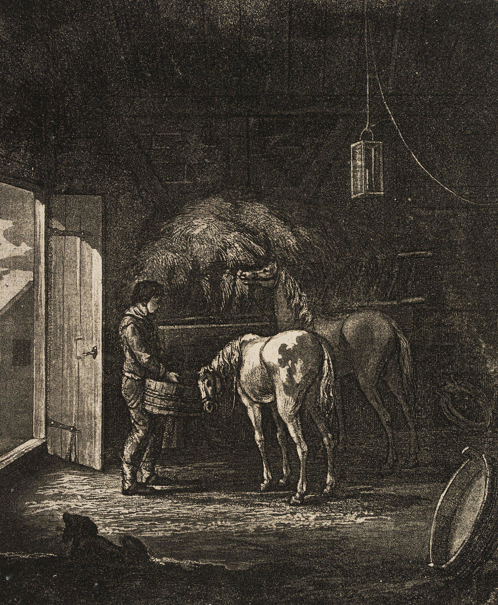 J. TISCHBEIN (*1742), In the horse stable,: Johann Heinrich Tischbein jun. (1742 Haina - 1808 Kassel): In the horse stable Stable boy feeding the horses, , Aquatint Technique: Aquatint on Paper Date: Description: Probably from one of the exper