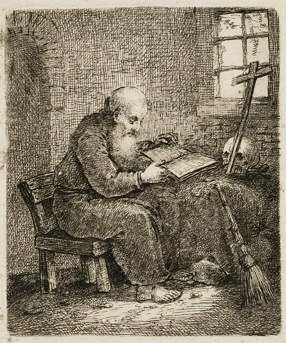 J. TISCHBEIN (*1742), The reading hermit in his cell,: Johann Heinrich Tischbein jun. (1742 Haina - 1808 Kassel): The reading hermit in his cell, church father Jerome with skull and crucifix, , Etching Technique: Etching on Paper Date: Description: Depic