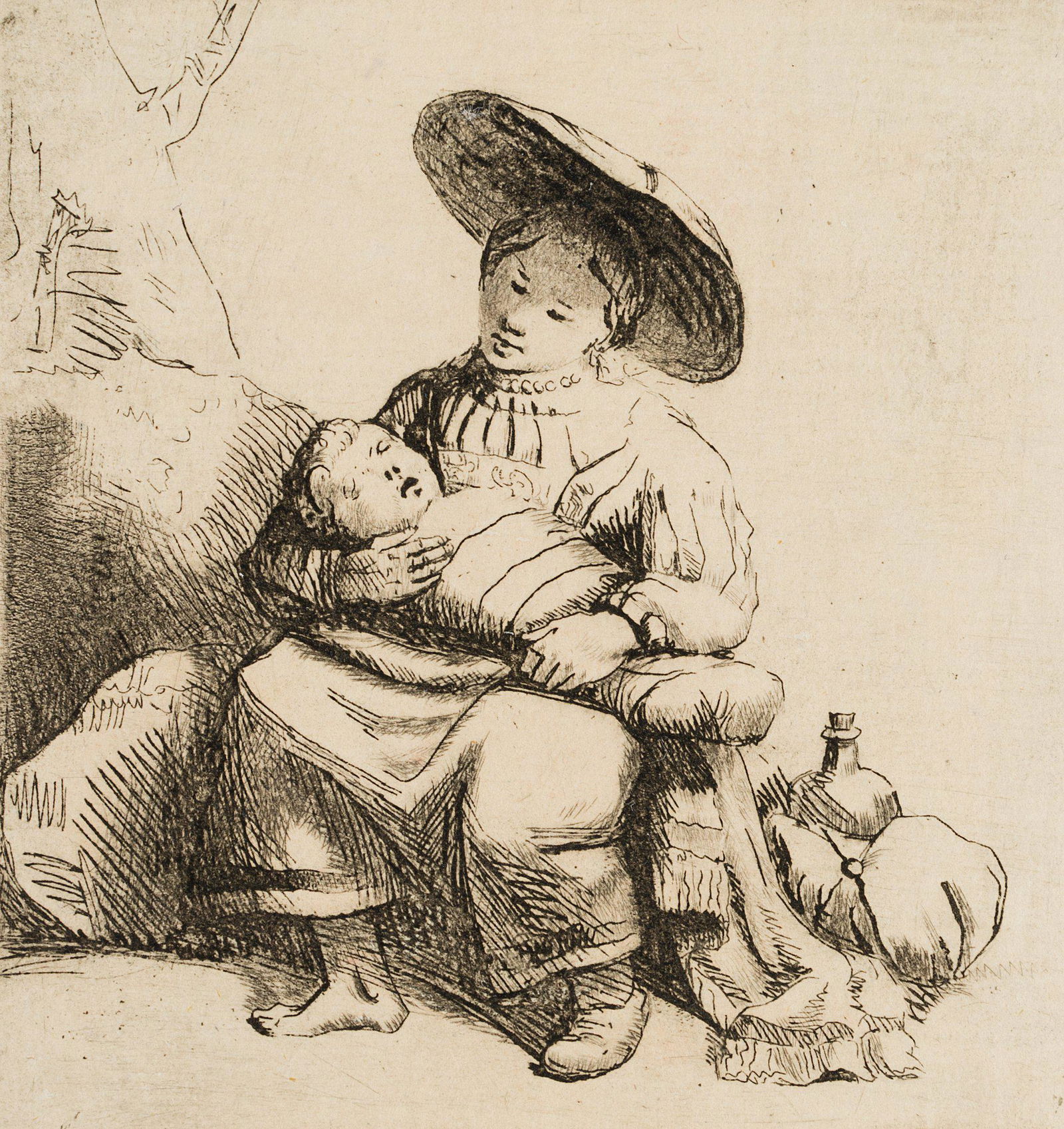 J. TISCHBEIN (*1742), Woman with swaddled child,: Johann Heinrich Tischbein jun. (1742 Haina - 1808 Kassel): Resting woman with sun hat and swaddled child on her lap, , Etching Technique: Etching on Paper Inscription: Verso inscribed by another perso