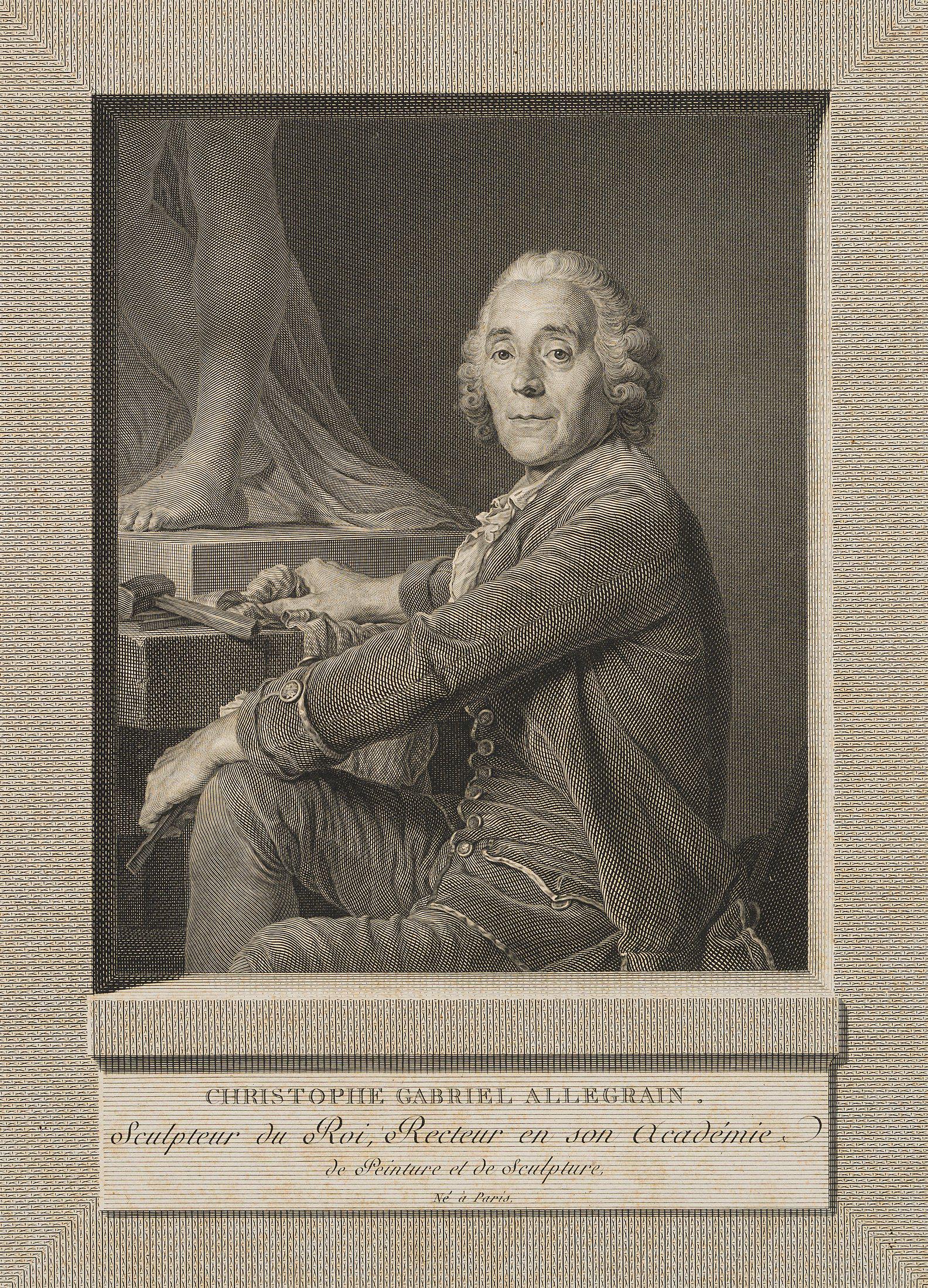 I. KLAUBER (*1753) after DUPLESSIS-BERTAUX (*1747), Sculptor Christian Allegrain, 1787,: Ignaz Sebastian Klauber (1753 Augsburg - 1817 St. Petersburg) after Jean Duplessis-Bertaux (1747 Paris - 1820 ibid.): Portrait of the sculptor Christian-Gabriel Allegrain on a sculpture, 1787, Etching