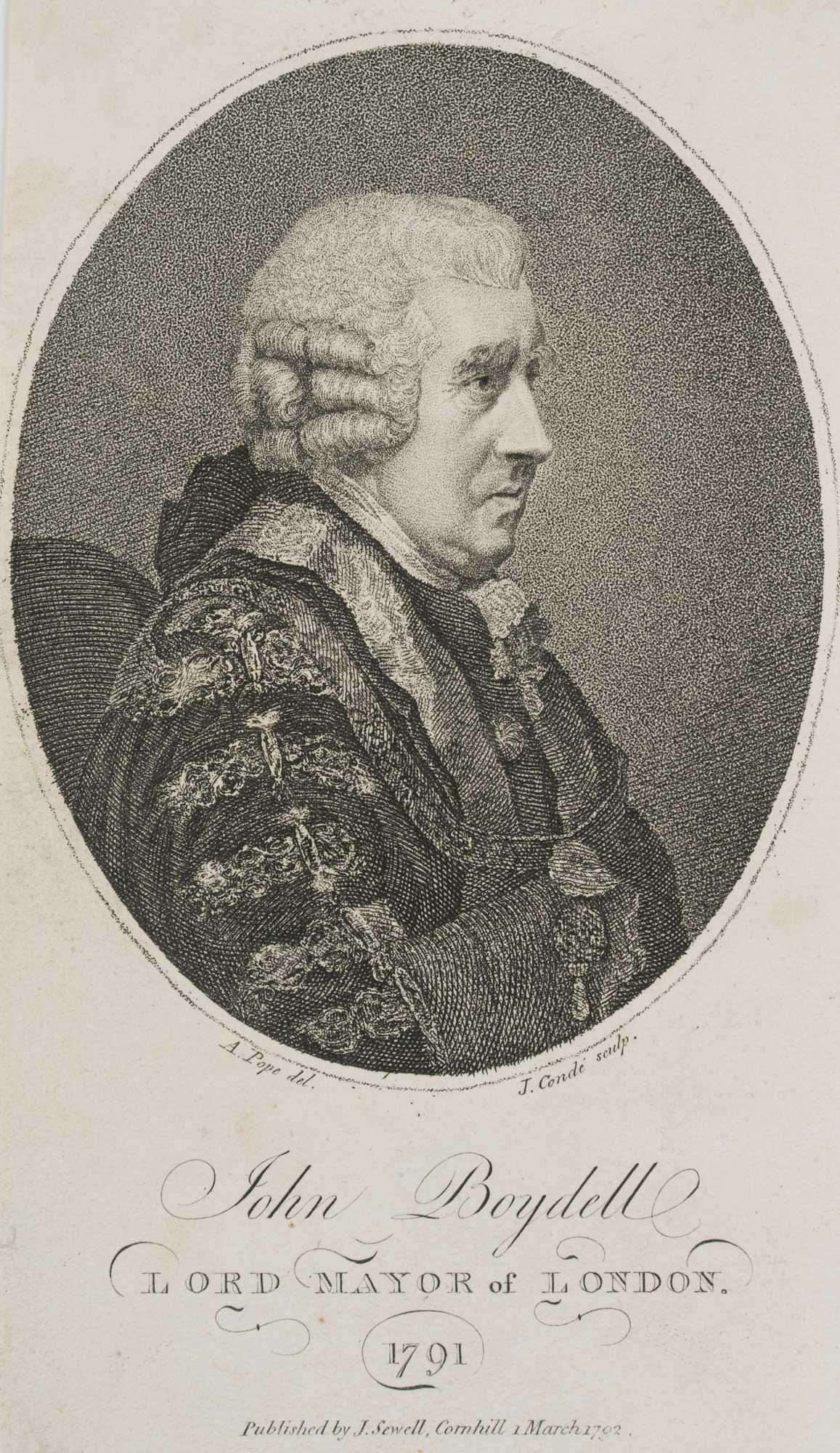 J. CONDÉ (*1767) after POPE (*1763), John Boydell, 1791,: Jean Condé (1767 - 1794 ibid.) after Alexander Pope (1763 - 1835 ): Portrait of the English engraver John Bodydell (1719-1804 London), 1791, Stipple engraving Technique: Stipple engraving on Pape