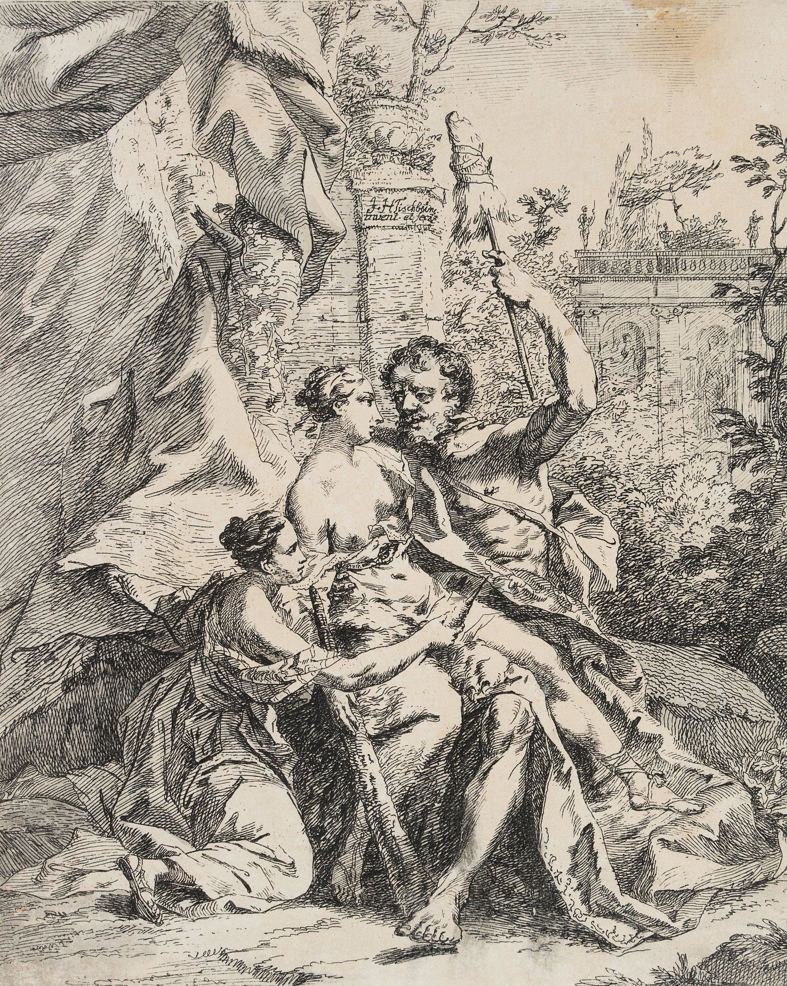 J. TISCHBEIN (*1722), Herkules bei Omphale, around 1750,: Johann Heinrich Tischbein sen. (1722 Haina - 1789 Kassel): Hercules at Omphale with a Woolen Spindle, c. 1750, Etching Technique: Etching on Paper Inscription: Upper middle signed in the printing plat