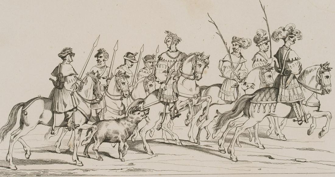 P. BRANCHE (*1805) after DÜRER (*1471), Triumphal procession of Emperor Maximilian I,: Pierre Antoine Branche (born 1805 Paris) after Albrecht Dürer (1471 Nuremberg - 1528 ibid.): Triumphal procession of Emperor Maximilian I with cavalrymen dressed in splendid uniforms, , Copper en