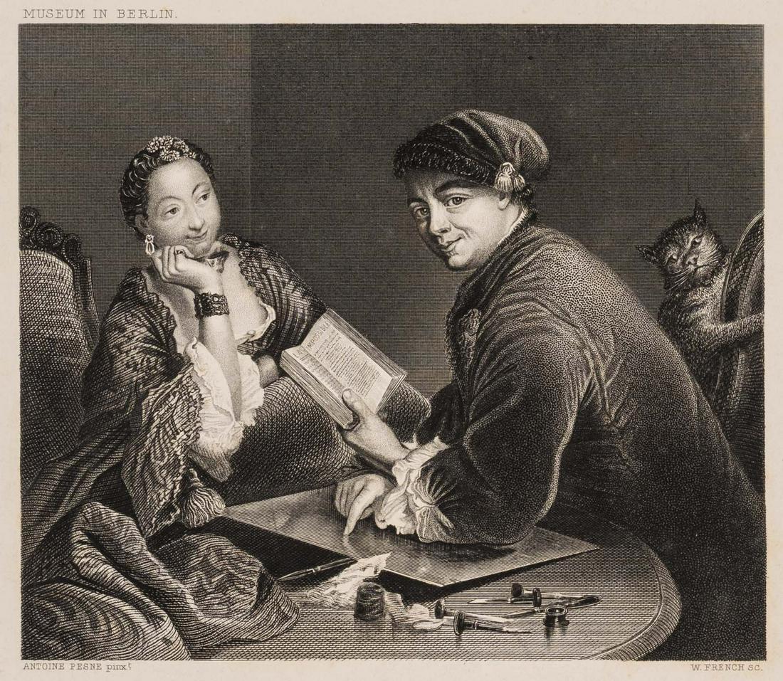 W. FRENCH (*1815) after PAYNE (*1812), Engraver C F Schmidt,: William French (1815 Sussex - 1898 East Grinstead) after Albert Henry Payne (1812 London - 1902 Leipzig): Engraver C F Schmidt with copper plate and graver talking to a lady, , Steel engraving Techniq