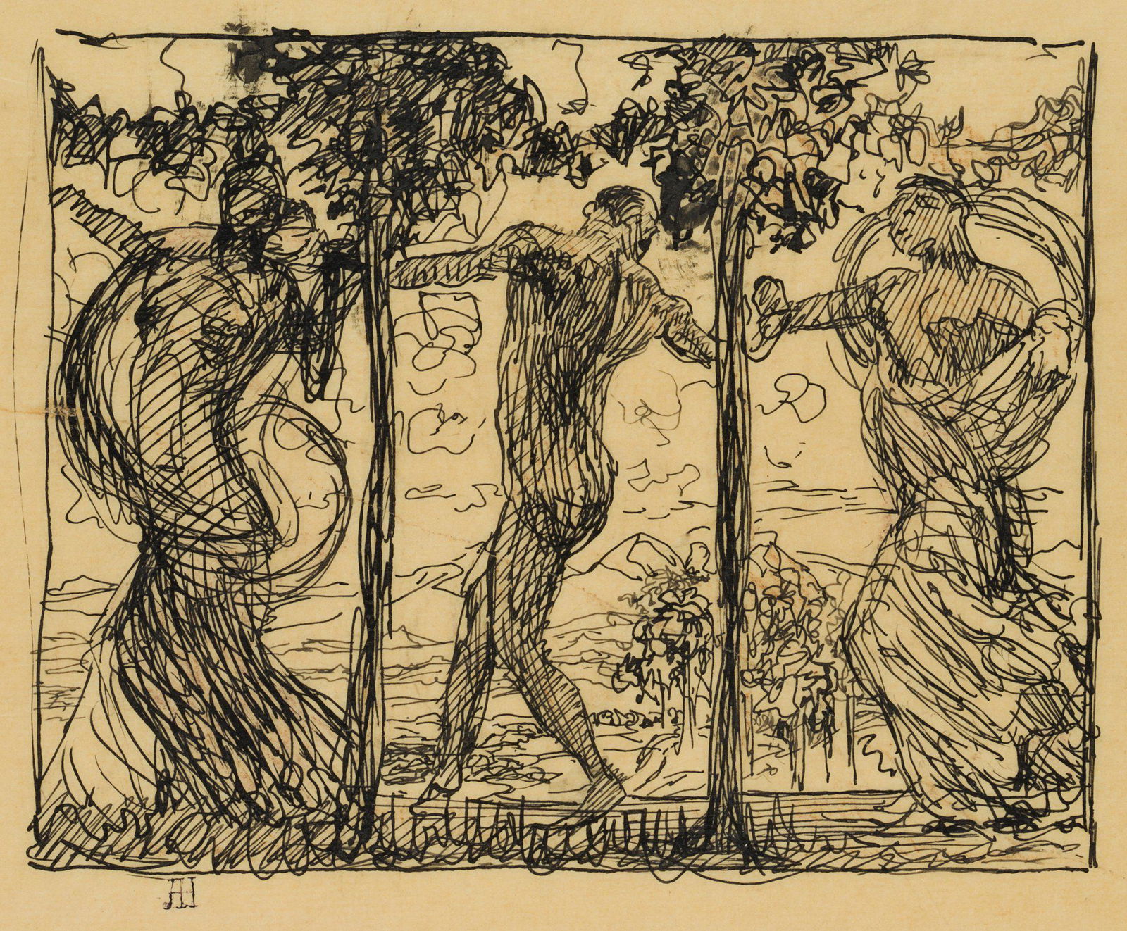 O. GREINER (1869-1916), The dance, around 1895,: Otto Greiner (1869 Leipzig - 1916 Munich): The Dance Dancing Figures in an Art Nouveau Landscape, c. 1895, Pen drawing Technique: Pen drawing on Transparent paper Stamp: Lower left Collector's stamp,