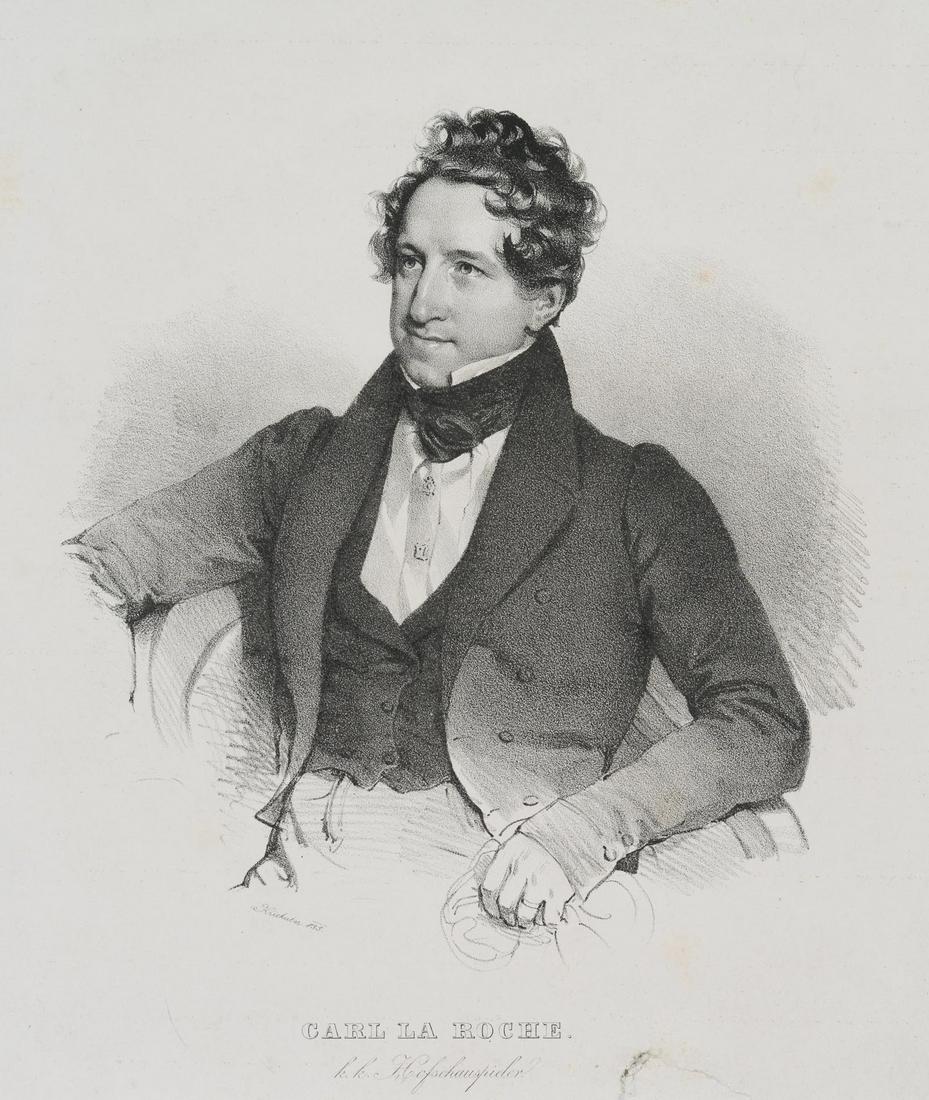 J. KRIEHUBER (*1800), Carl La Roche, actor, around 1850,: Josef Kriehuber (1800 Josefstadt (Vienna) - 1876 ibid.): Portrait of Carl La Roche, kk Court Actor, c. 1850, Lithography Technique: Lithography on Paper Inscription: Signed "Kiehuber 835" at lower lef