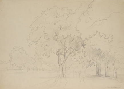 J. SCHIRMER (1807-1863) attributed, Tree studies Alley with wagon, around 1850,: Johann Wilhelm Schirmer (1807 Jülich - 1863 Karlsruhe) attributed: Tree studies View of an avenue with waggon and tall trees and a farmstead in the background, c. 1850, Pencil Technique: Pencil o