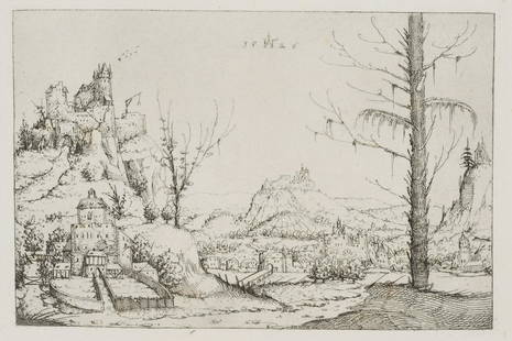 After HIRSCHVOGEL (*1503), Landscape with castle, around 1950,: After Augustin Hirschvogel (1503 Nuremberg - 1553 Vienna): Landscape with a castle on a high rock, 1546, reproduction of the Staatsdruckerei Berlin, c. 1950, Reproduction Technique: Reproduction on Pa