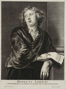 P. JODE (*1604) after DYCK (*1599), Organist Henricus Liberti, Copper engraving: Pieter de Jode jun. (around 1604 Antwerp - 1674 England) after Anthonis van Dyck (1599 Antwerp - 1641 London): Portrait of the organist and composer Henricus Liberti (1610 Groningen - 1669 Antwerp), h
