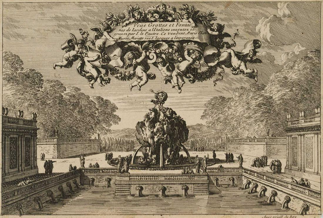 J. LEPAUTRE (1618-1682), Palace gardens with water basin, Copper engraving: Jean Lepautre (1618 Paris - 1682 ibid.): View over an Italian Baroque palace garden with water basin and Neptune fountain, 17th century, Copper engraving Technique: Copper engraving on Paper Date: 17t