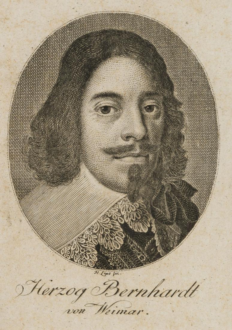 J. LIPS (1758-1817), Duke Bernhardt of Saxe-Weimar, Copper engraving: Johann Heinrich Lips (1758 Kloten - 1817 Zurich): Oval portrait of Duke Bernhardt of Saxe-Weimar (1604 Weimar - 1639 Neuchâtel), bust facing right, 18th century, Copper engraving Technique: Copper en