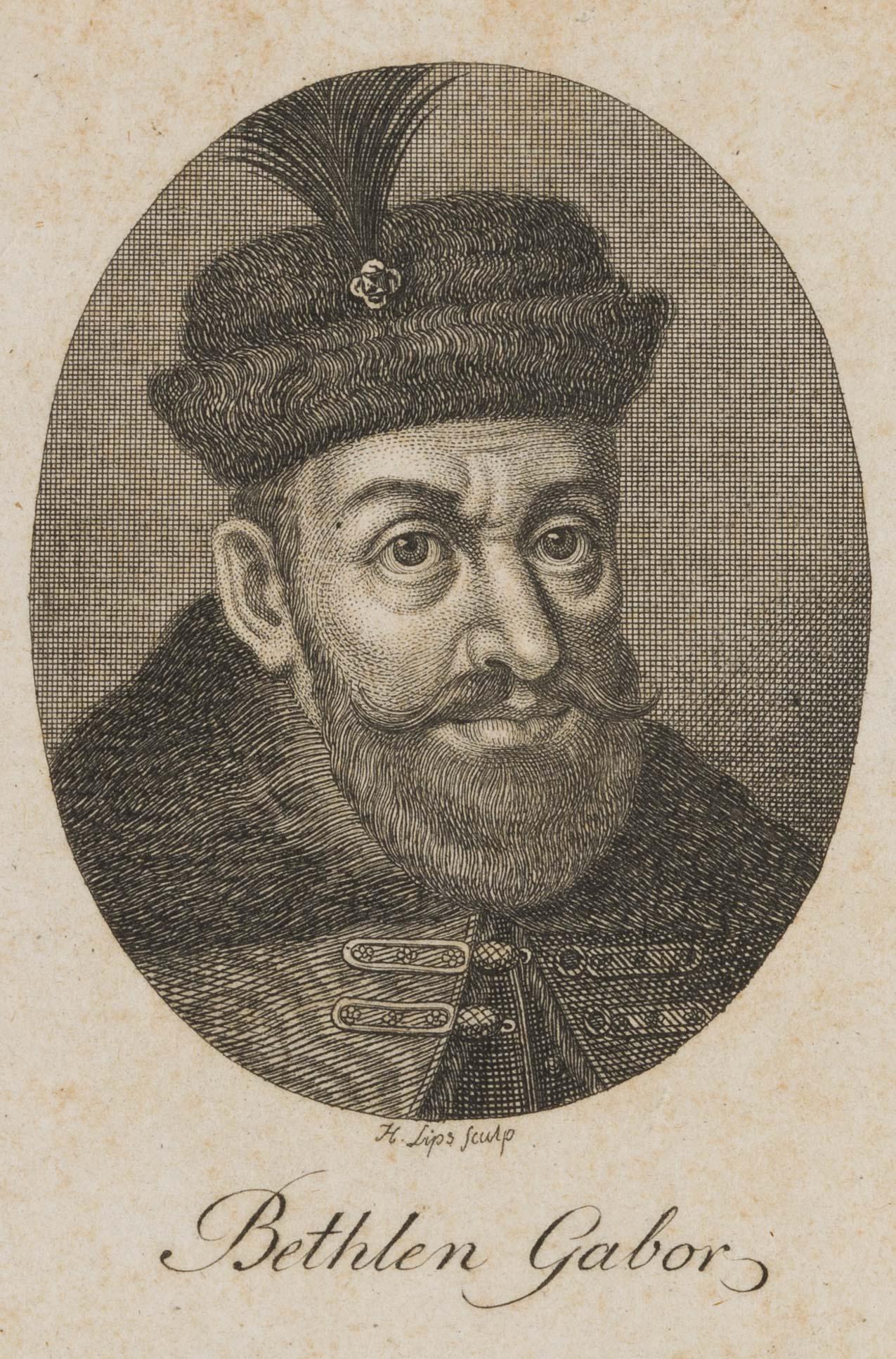 J. LIPS (1758-1817), Portrait of Bethlen Gabor, Copper engraving: Johann Heinrich Lips (1758 Kloten - 1817 Zurich): Oval portrait of Bethlen Gabor (c 1580 Elienmarkt / Ilia - 1629 Weißenburg) the Prince of Transylvania, bust to the right, 18th century, Copper engra